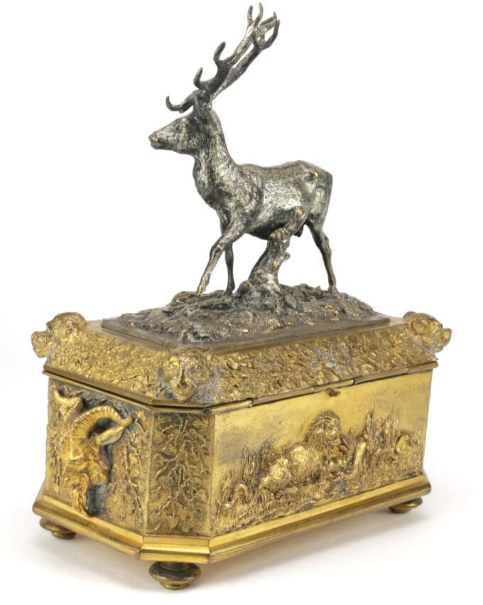 Antiek verzilverd en verguld kistje met hert - Christophe Fratin (1801-1864)