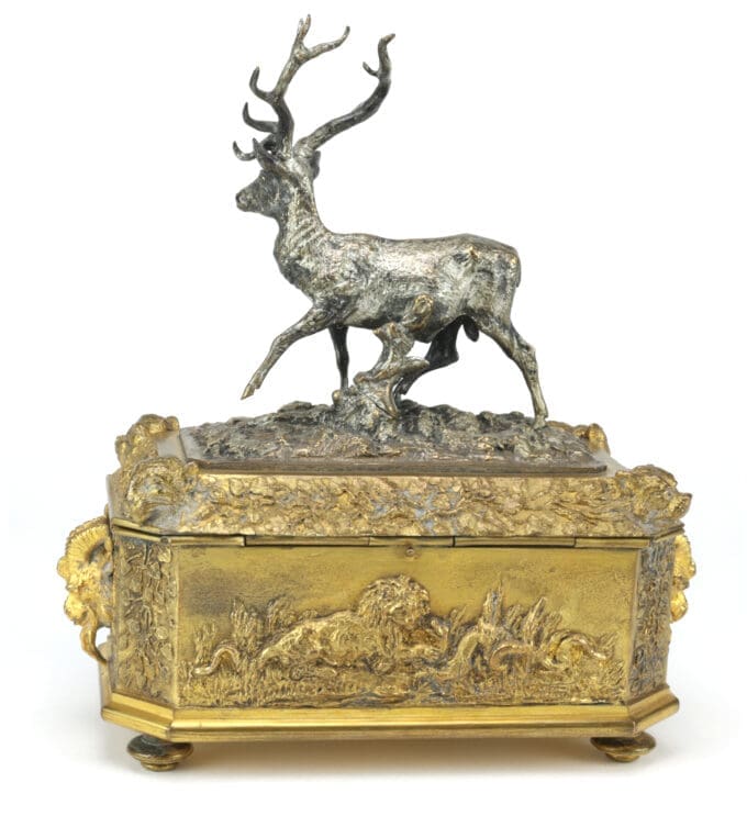 Antiek verzilverd en verguld kistje met hert - Christophe Fratin (1801-1864)