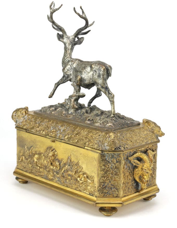 Antiek verzilverd en verguld kistje met hert - Christophe Fratin (1801-1864)